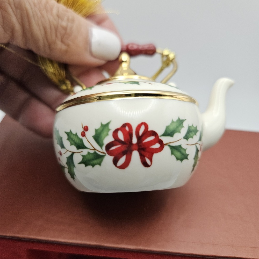 Lenox Holiday Tea Kettle Ceramic Hanging Ornament Holly Pattern Christmas - Picture 11 of 12